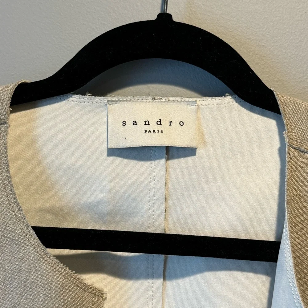 Sandro Beige Linen + Black Leather Pocket Jacket